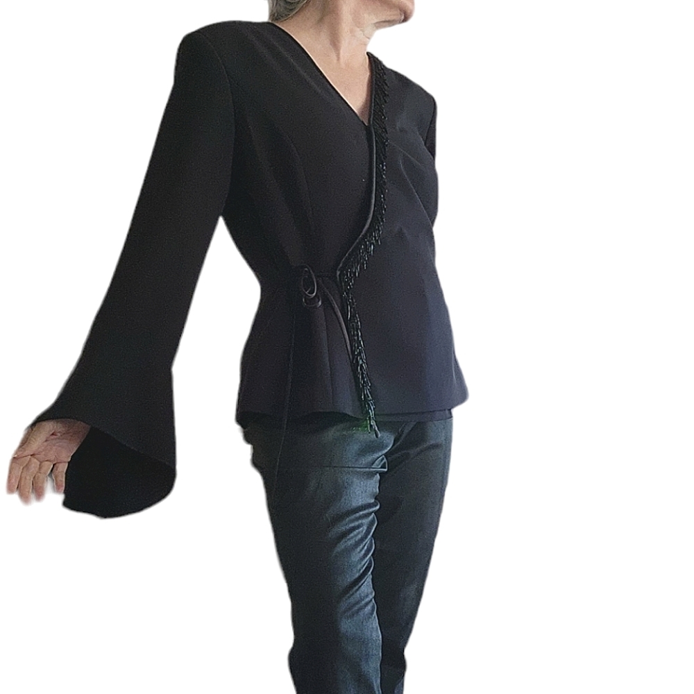 Maggy London Black Wrap Blazer with Flared Sleeves